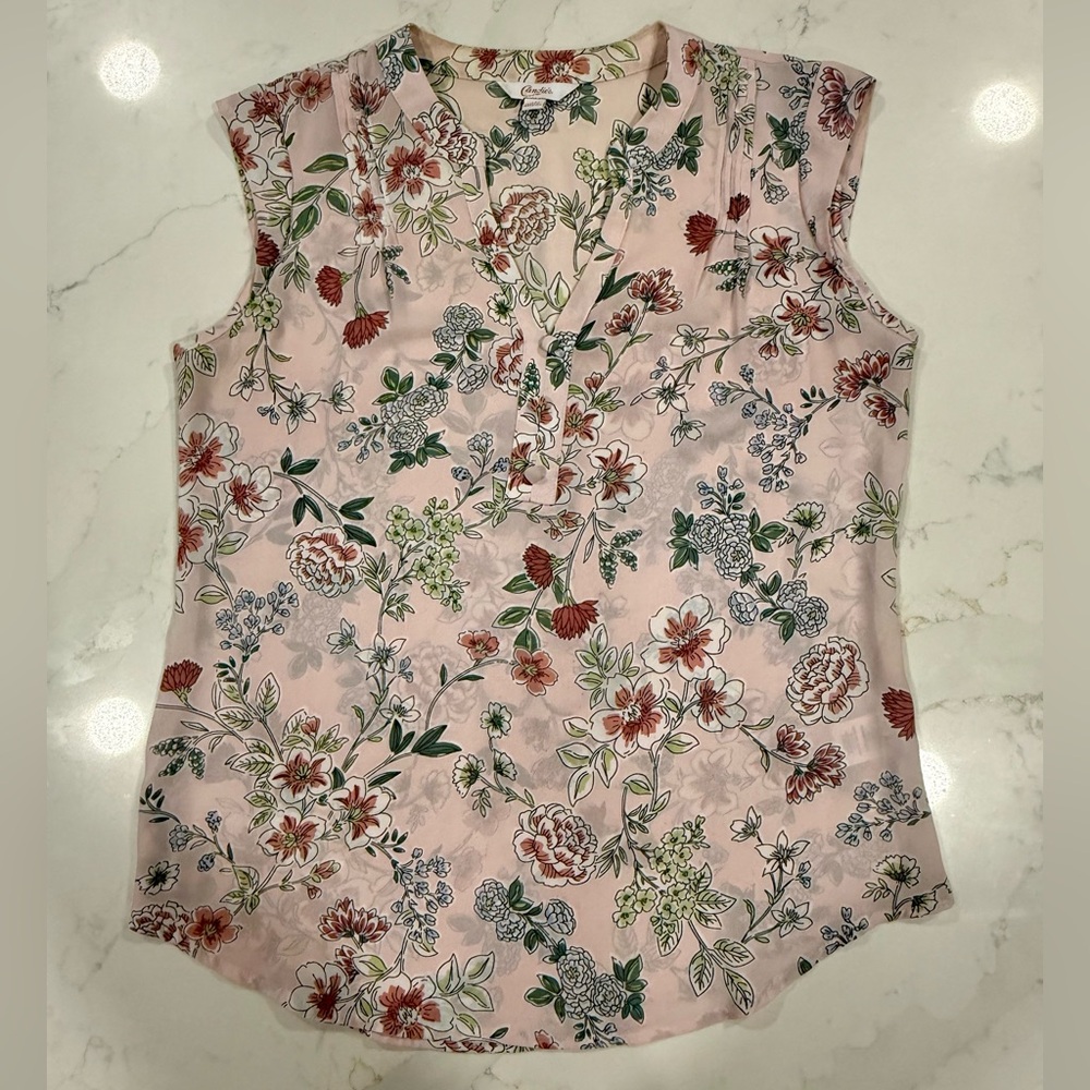 Candie's Pink Floral Cap Sleeve Blouse with Mandarin Collar - Size XS